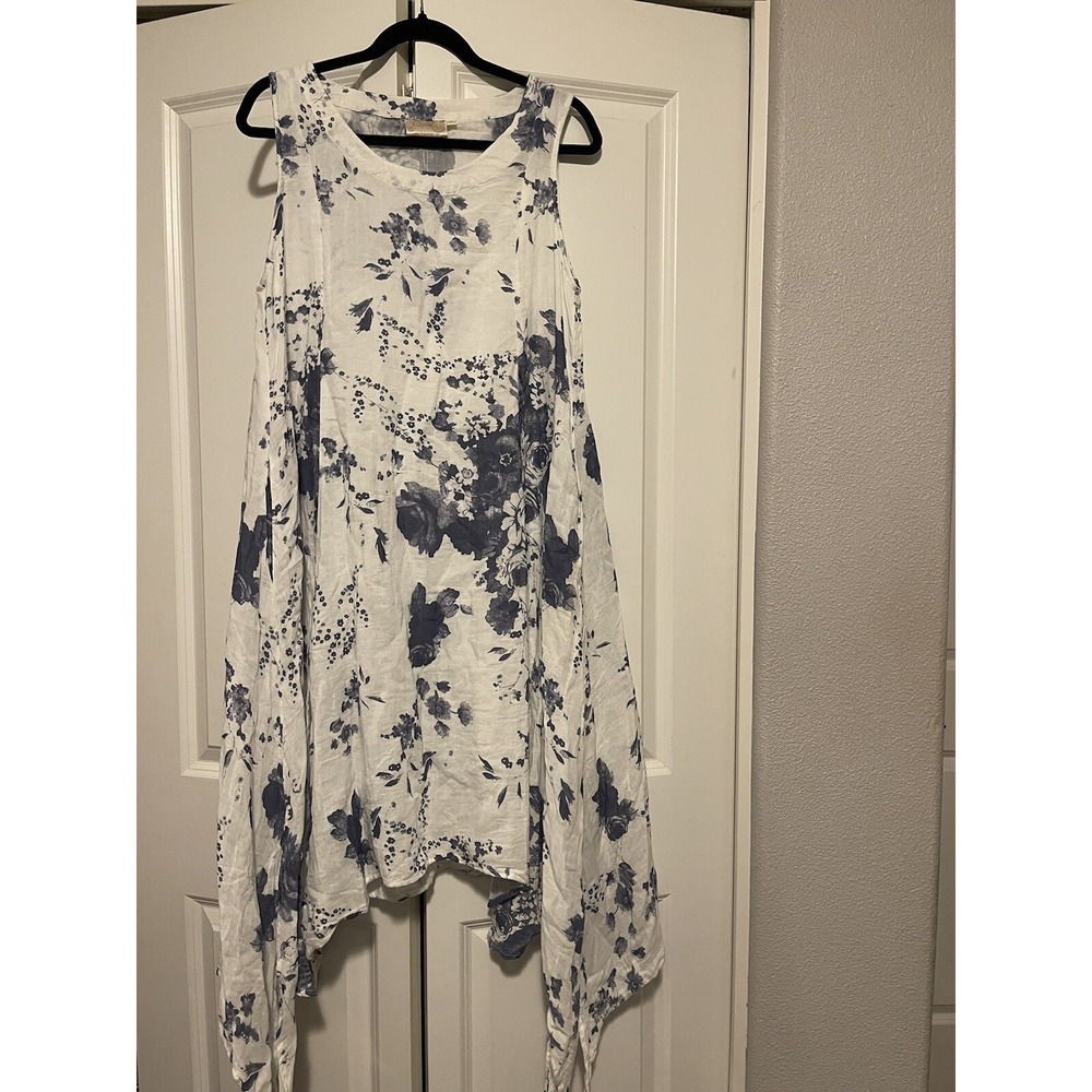 The Paper Lace Dress Size M Midi Cotton White Blue Floral Cottage Core lagenlook - Picture 3 of 11